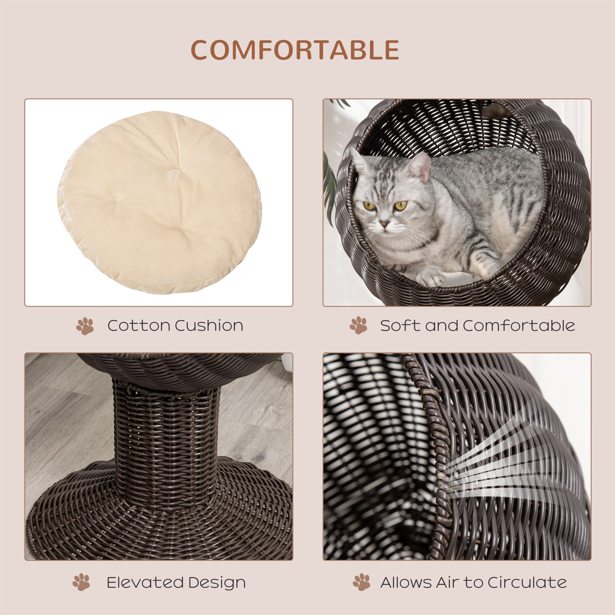 Rotating Cat Bed House, Elevated Woven Rattan Basket with Plush Cushion, 2-Position Hideaway for Cats Up to 10 lbs, No Assembly Required, Coffee Brown