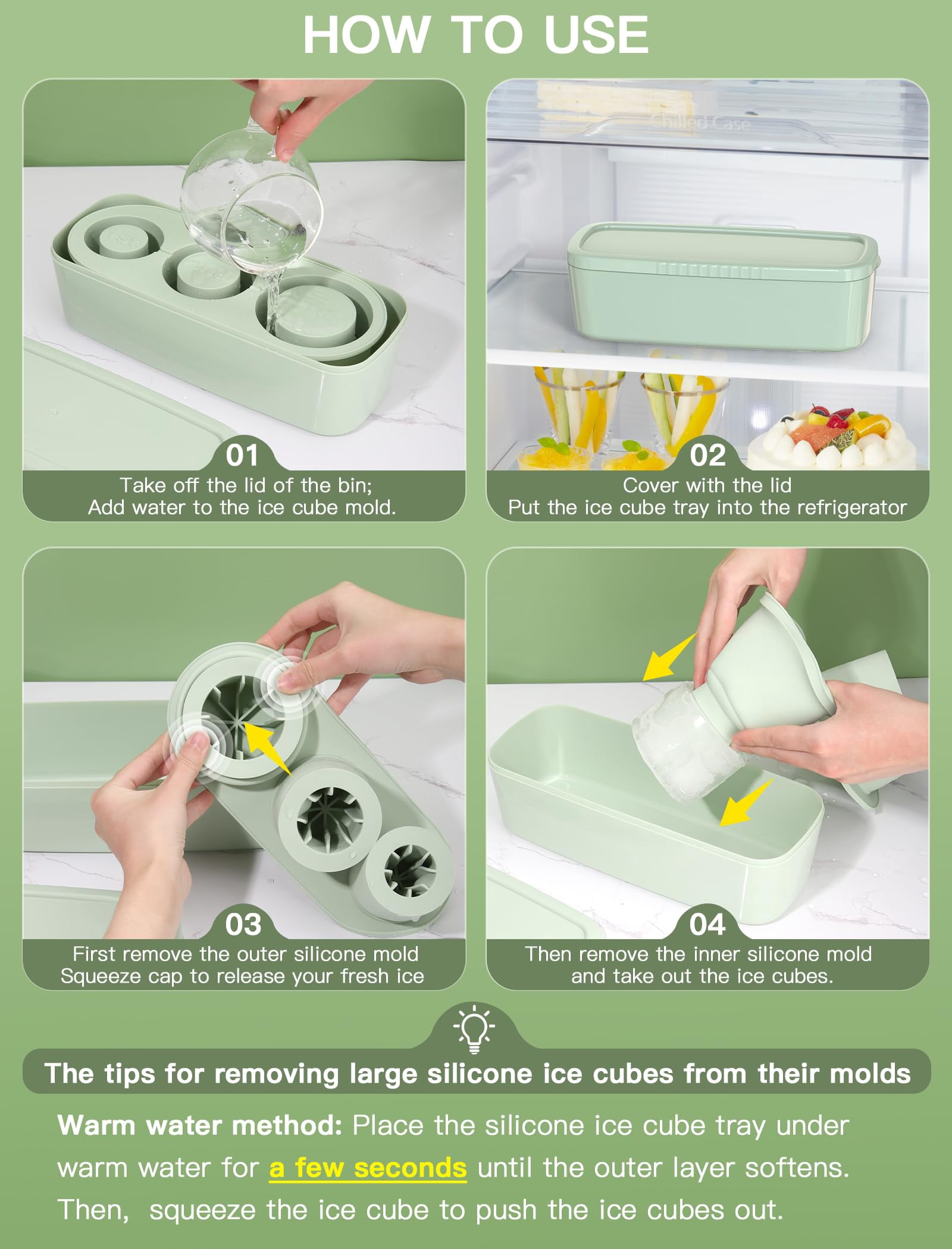 Ice Cube Tray For Tumbler Cup 30oz-40oz  3 Silicone Cylinder Mold With Lid And Bin Freezer Easy Fill Release Maker Cocktail (green 30oz-type1)