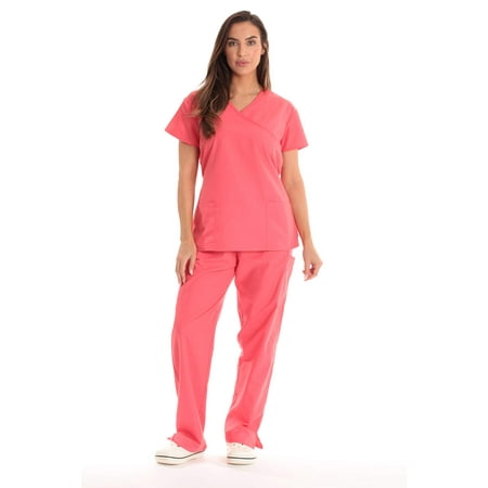 

Just Love Women s Scrub Sets Medical Scrubs (Mock Wrap) - Comfortable and Professional Uniform in (Coral with Coral Trim Medium)