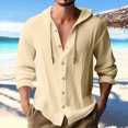 thumbnail image 2 of Men's Casual Button Down Hoodie Cotton Linen Blend Long Sleeve Round Neck Blouse, Soft Breathable Fabric For Daily Beach Vacation | Zenithor,Beige L, 2 of 9