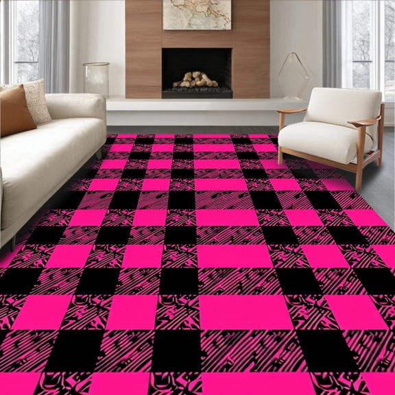 ODIKA 4'x6' Machine Washable Non-Slip Area Rug, Festive Buffalo Plaid Holiday Xmas Decorative High Traffic Rug, Pink, 627567