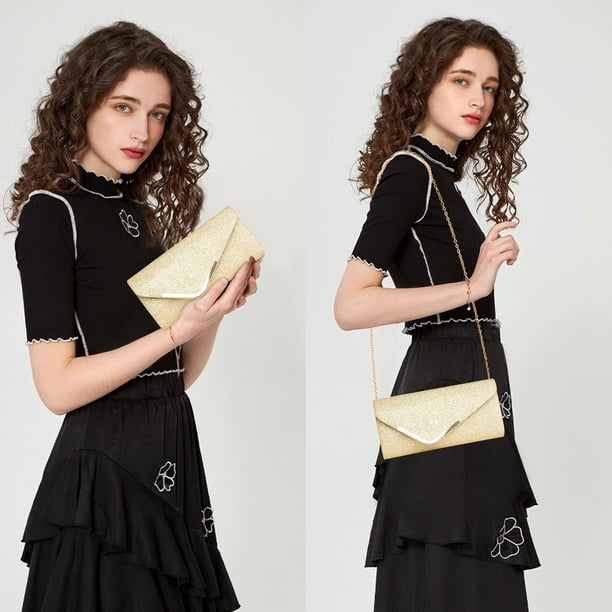 Bolso De Noche Con Cadena Extraíble - Purpurina Champán, 23.5x12.5x5 Cm, Ideal Para Bodas Y Fiestas