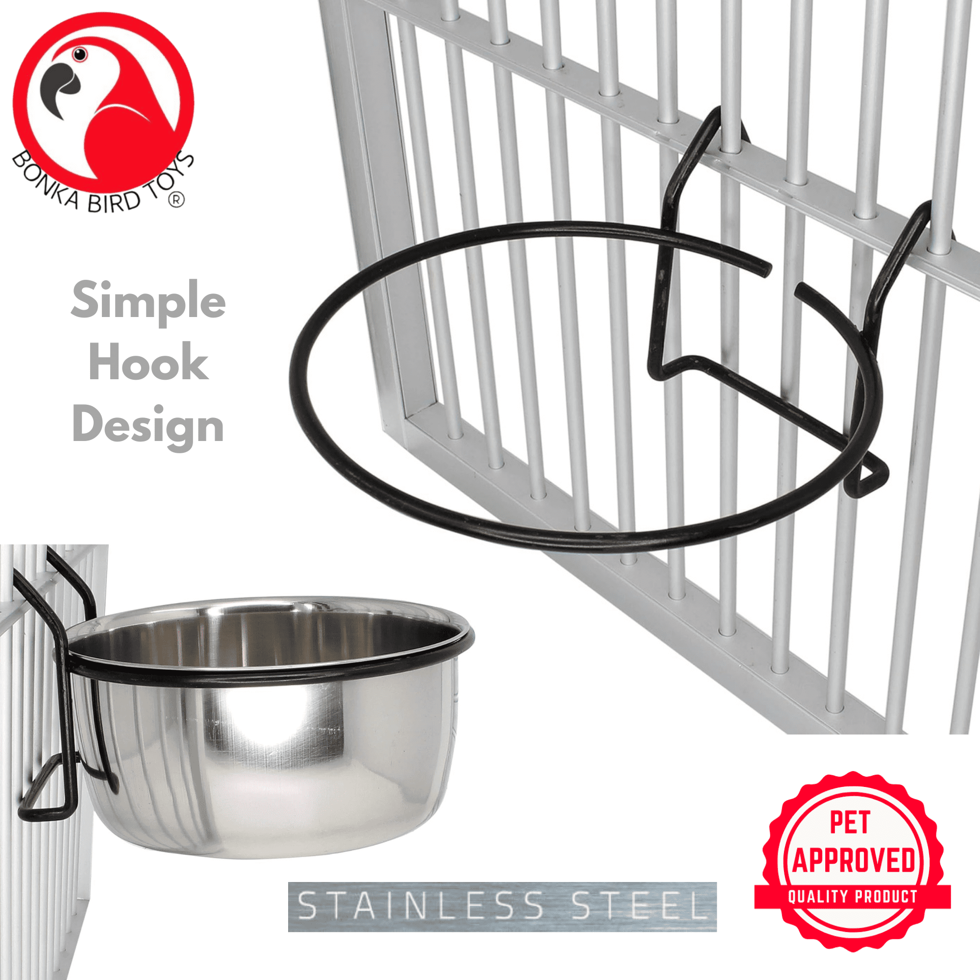 Bonka Bird Toys 3497 20oz Stainless Steel Lux Black Hook Cage Bowl