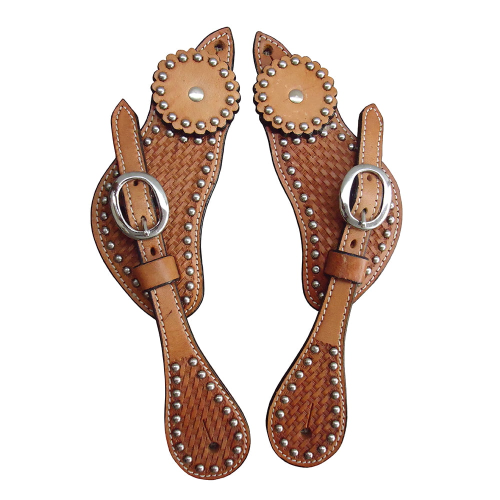 Pair of Genuine Leather Tooled Dark Oil Finish Adult Size Western Spur Straps 