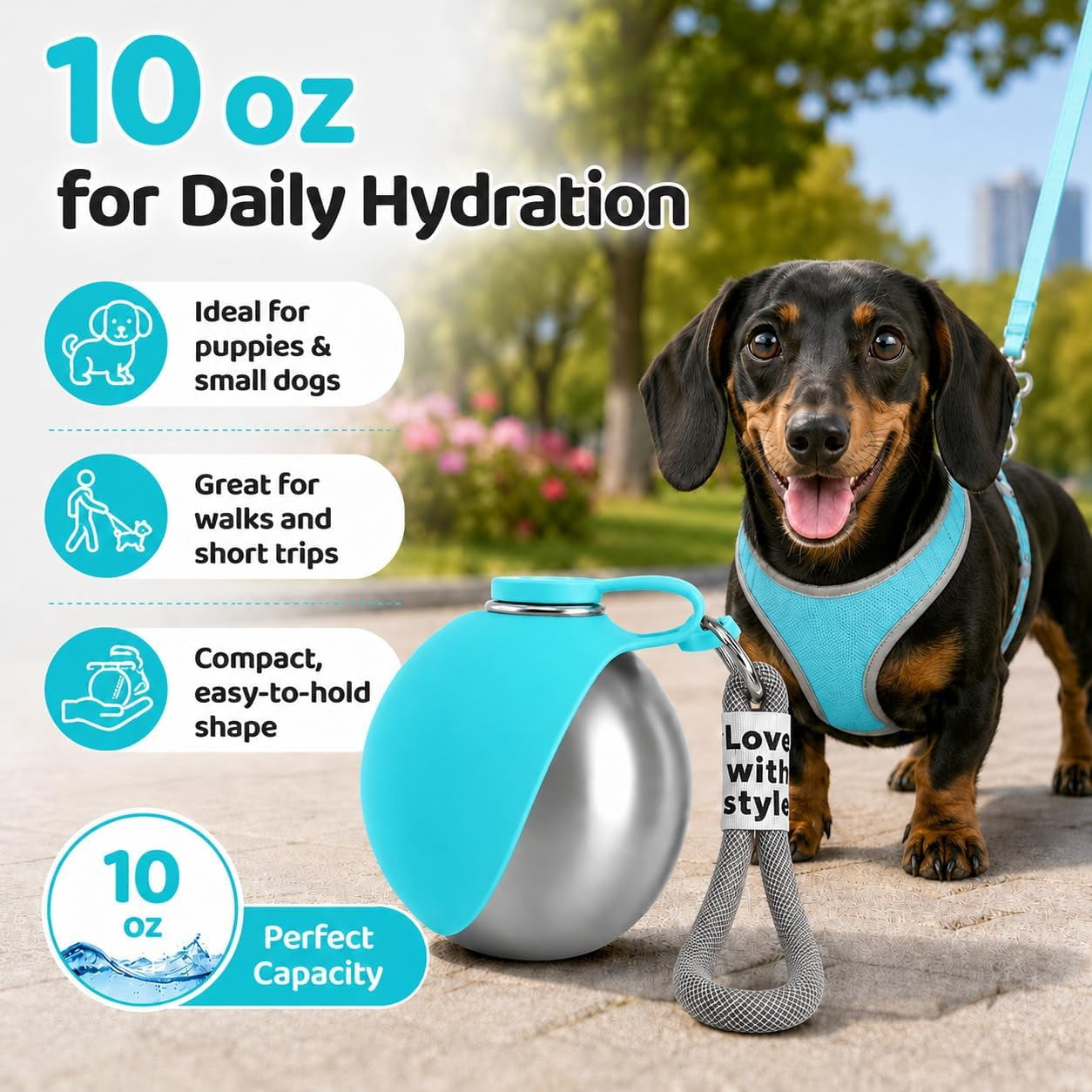 Pawsipus Dog Water Bottle, 10 oz Portable Pawsip Stainless Steel Travel Bottle with Foldable Silicone Bowl, Leak-Proof