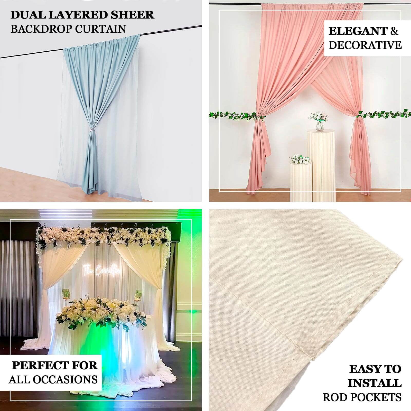 Efavormart 10ftx10ft Dusty Blue Dual Layered Polyester Sheer Chiffon Backdrop Curtains With Rod Pockets