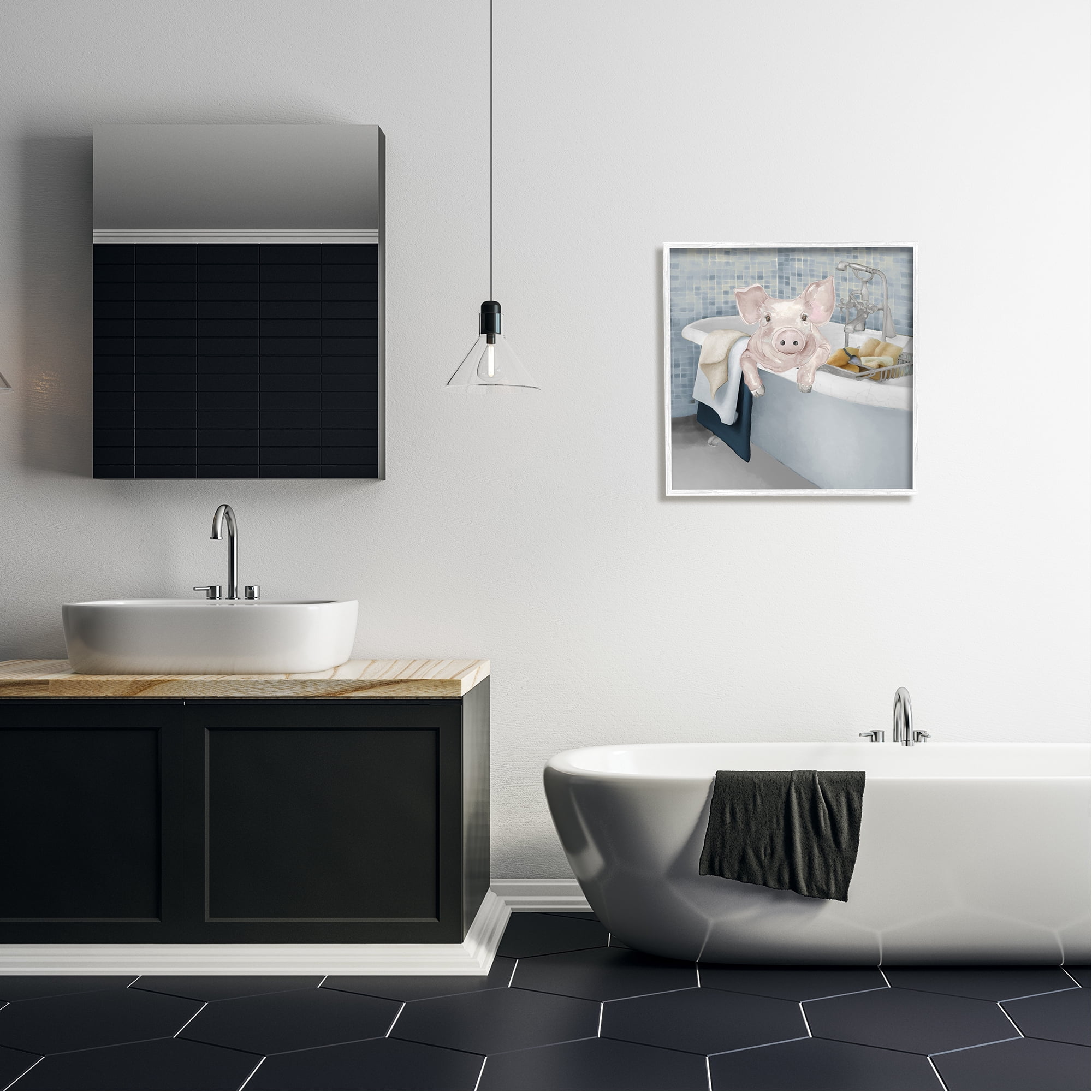 Stupell Pig Bathing Bathroom Tub Animal Animals & Insects Painting White Framed Art Print Wall Art