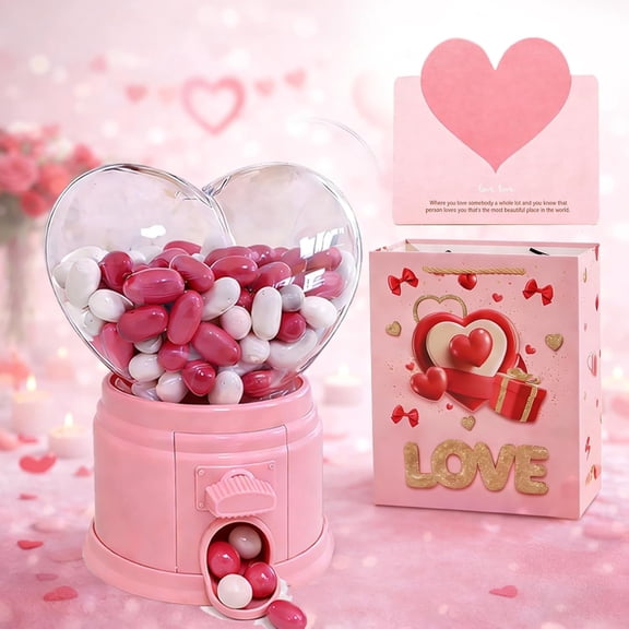 2026 New Heart Candy Dispenser, Valentine Heart Shaped Candy Dispenser with Ribbon, Card & Gift Bag, Mini Heart Gumball Machine for Valentine's Day Exchange Gifts, Galentine Party, Teacher Gifts