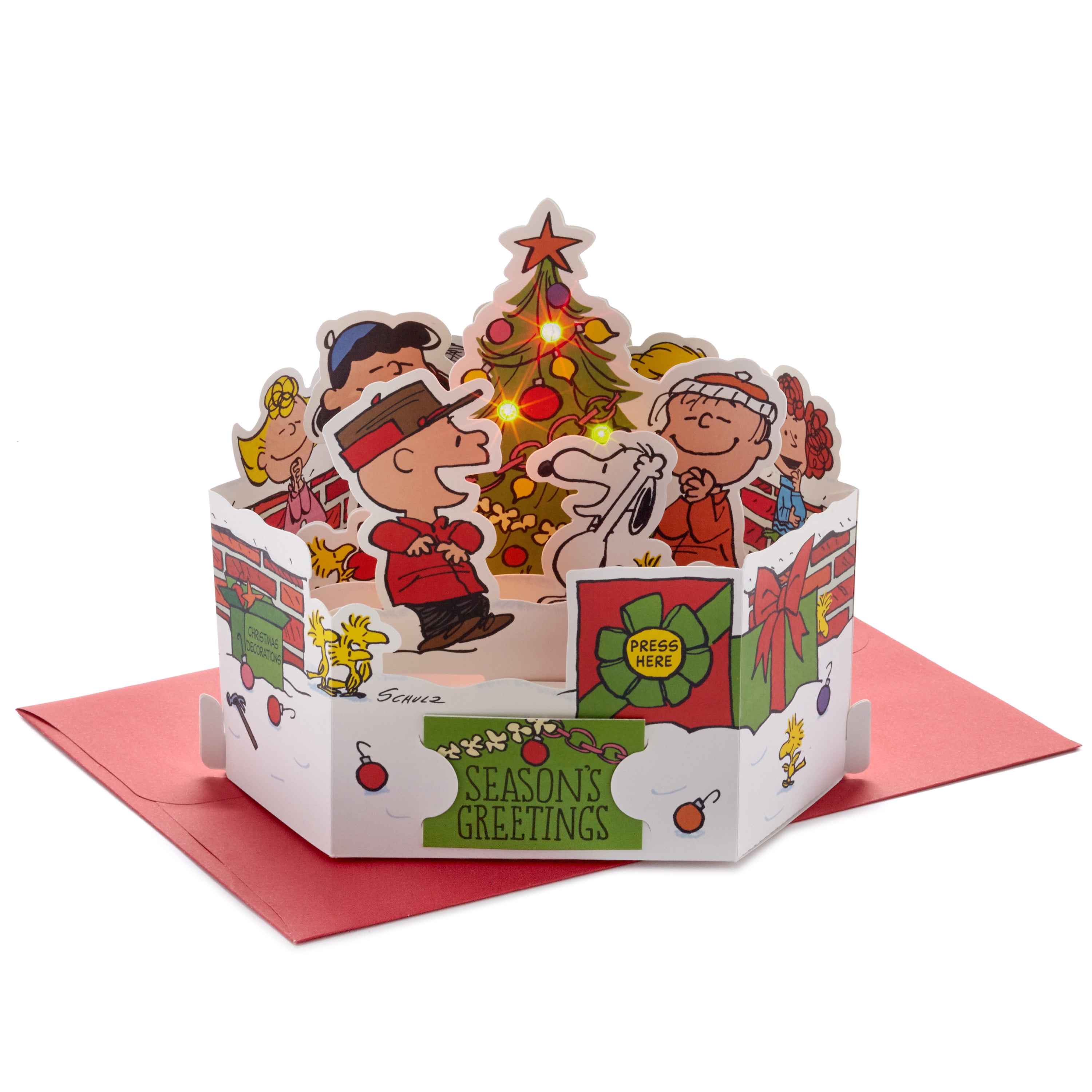 Peanuts Christmas Tree Star Happy Glittered Edge Card Hallmark Charlie Brown 