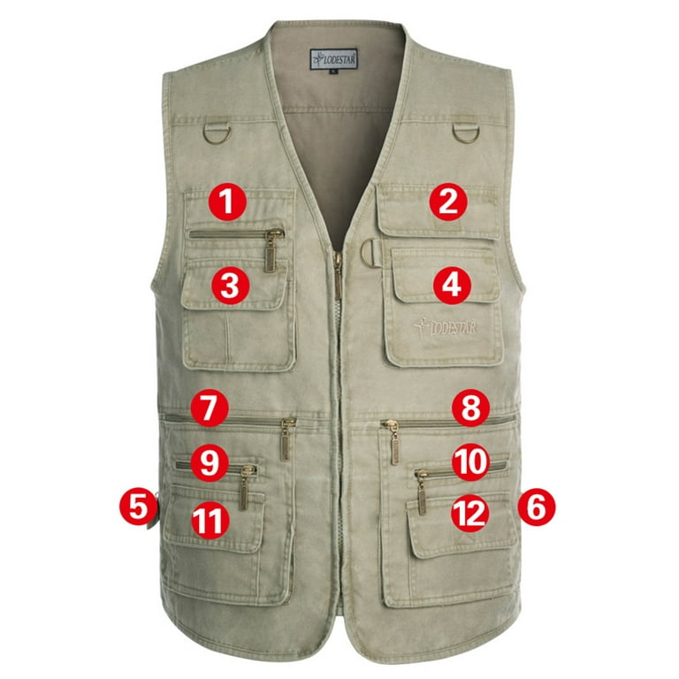 Glonme Mens Multi Pockets Plain Cargo Vest Casual Outdoor Jacket Solid  Color Travel Fishing Vests Waistcoat Khaki 3XL 