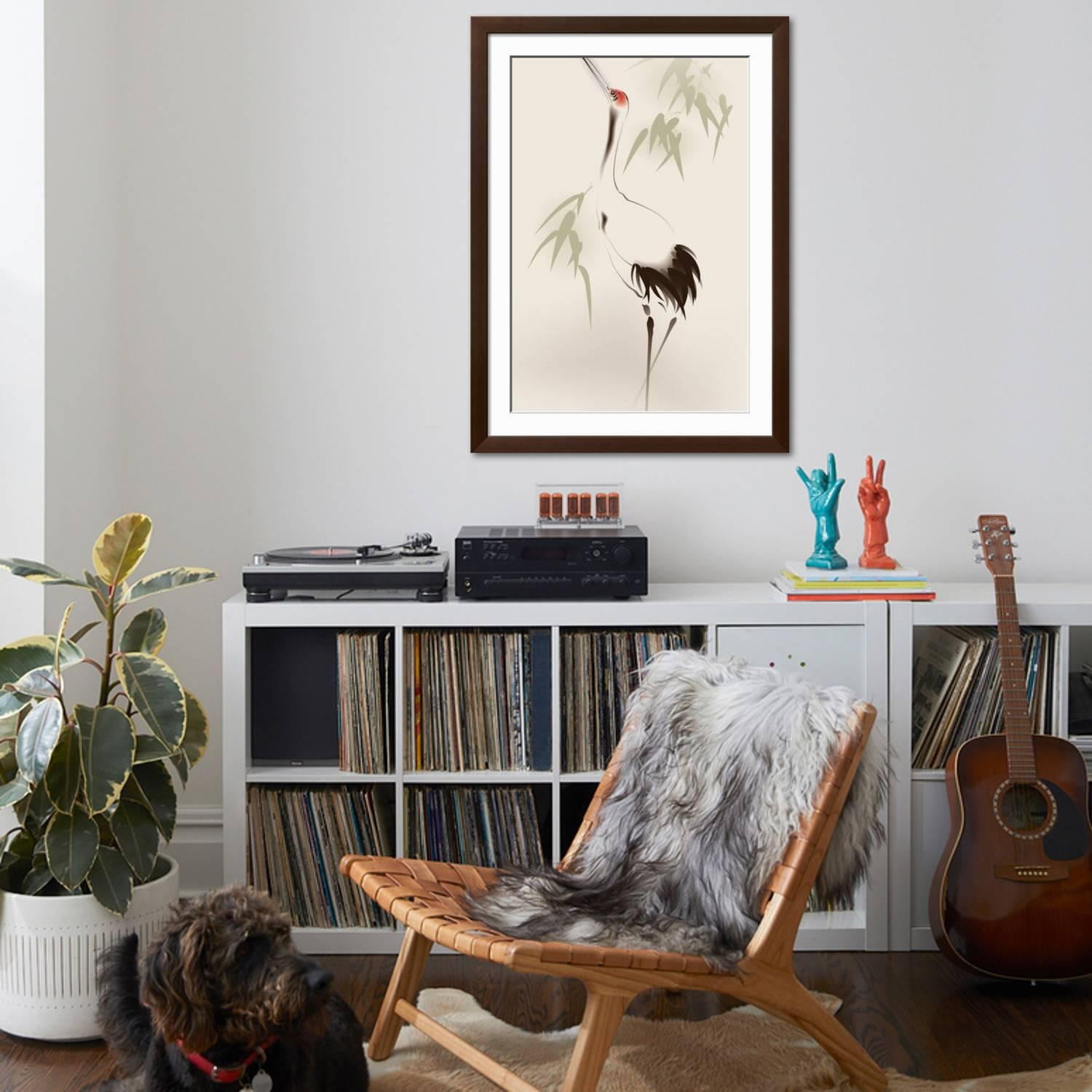 Art.com Oriental Style Painting, Red-Crowned Crane Art Print by ori-artiste, Brown Frame Wall Art, 32" x 44"