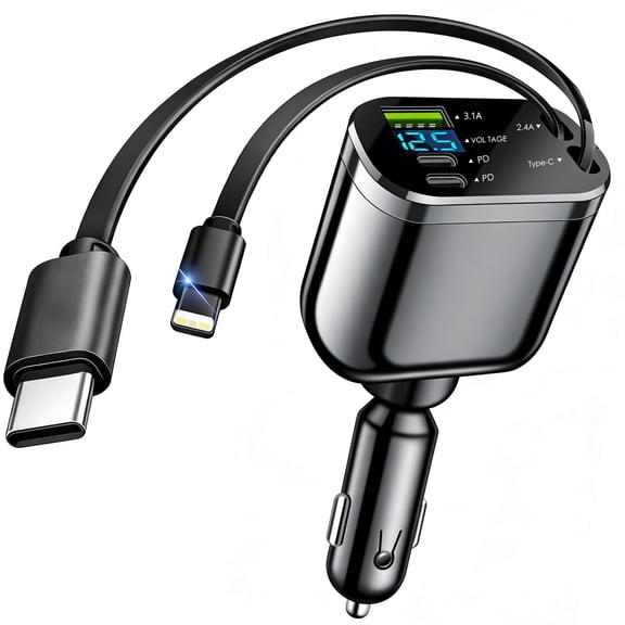 RONY 100W 5-in-1 Retractable Car Charger, Super Fast Car Charger Adapter with Cord 2.3ft Compatible with iPhone Android iPad Samsung Motorola Google