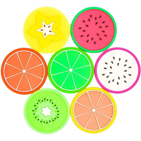 7PCS Fruit Coaster, 3.5" Non Slip Car Coaster Heat Insulation Colorful Unique Slice PVC Drink Cup Mat for Drinks Protect Furniture and Tabletop