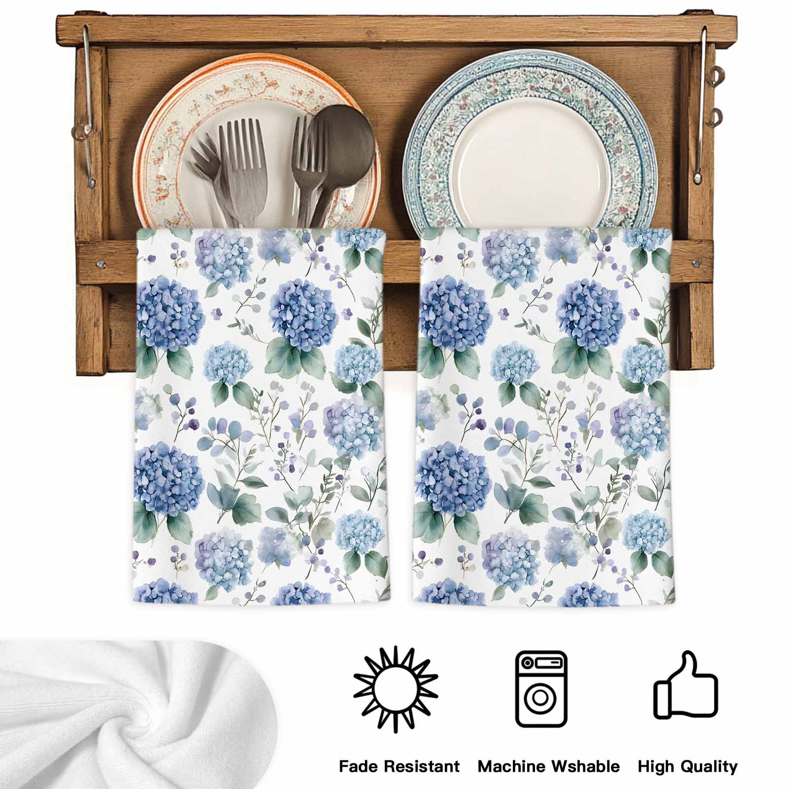 Blue Spring Floral Kitchen Towels Set of 2, Watercolor Botanical Elegant Soft Microfiber Dish Towels, Absorbent Quick-Dry Washable Dishcloths for Kitchen Cleaning, Drying Dishes, 18x28 Inches