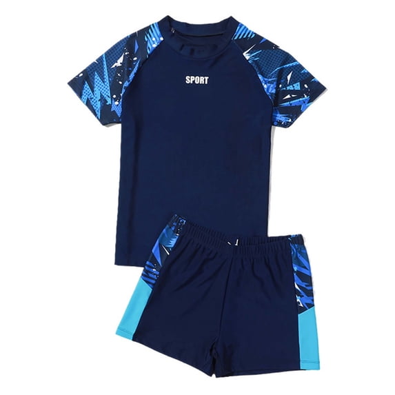 FUZHIQ Boys Plus Size 2 Piece Long Sleeve Rash Guard Swimsuit Set, UPF 50+ Sun Protection Quick Dry Loose Stretchy Ocean Nautical Print Bathing Suit for Big Kids Beach Swim,160