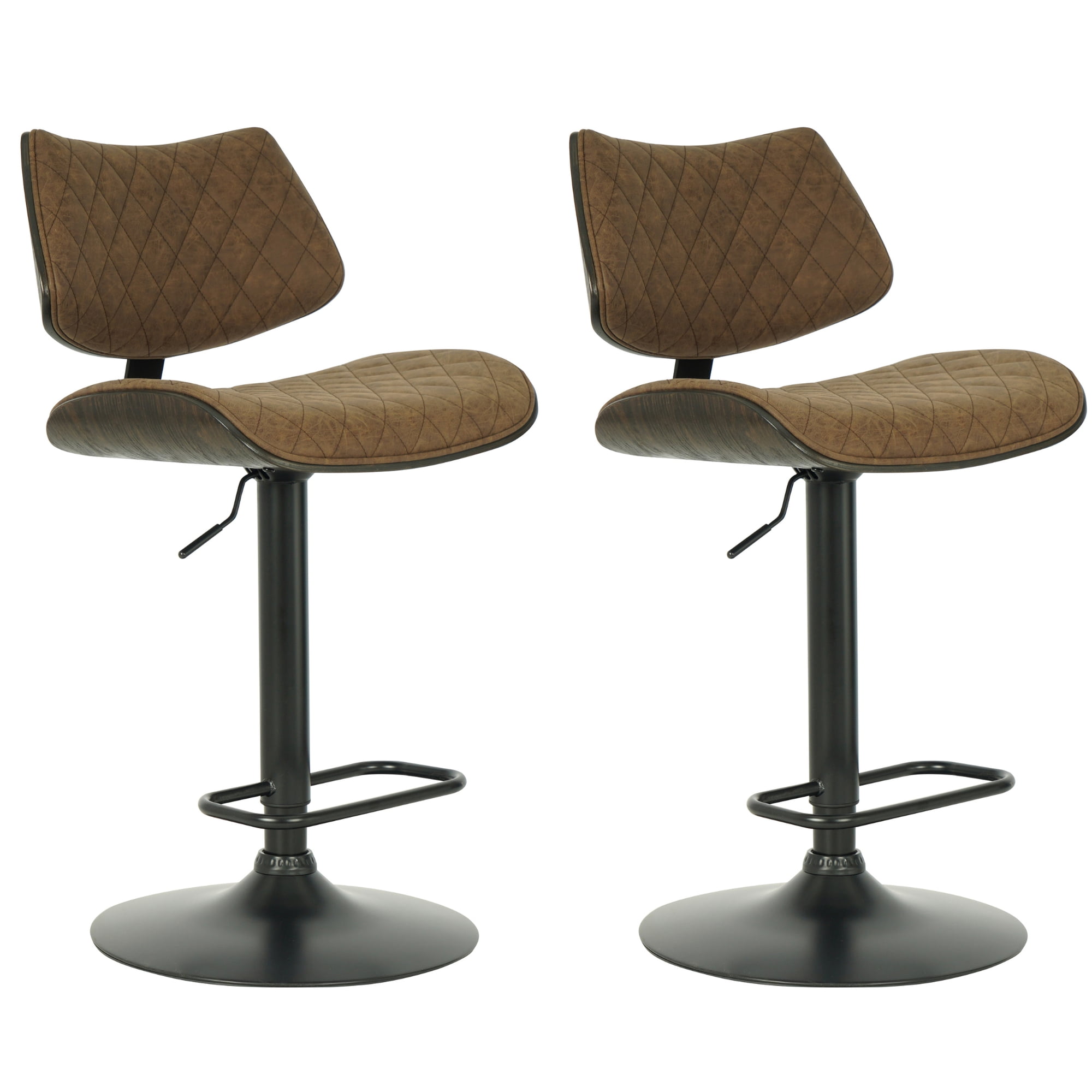 Leland Adjustable Swivel Vintage Dark Brown Curved Back Wood Bar Stool with Faux Leather Seat Set of 2