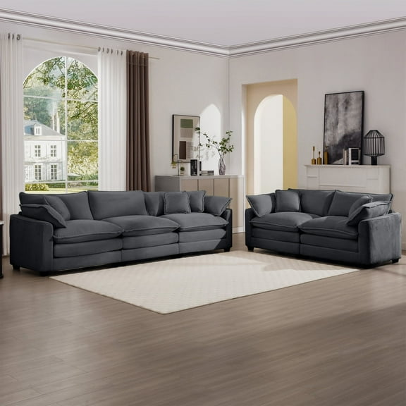 Newboti Modern Fabric Living Room Sofa Two Piece Set, Two 2-Seater Sofas with 8 Cushion Upholstery Large Deep Seat Recliner, Grey Corduroy Fabric 396939595638454