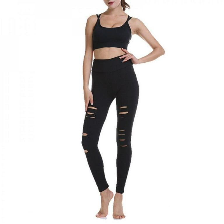 Clearance Sale!New Fashion Women Leggings Stretch Cut Out Ripped Hollow  Hole Fitness High Waist Running Pants Active Wear Sport Trousers Black XL 