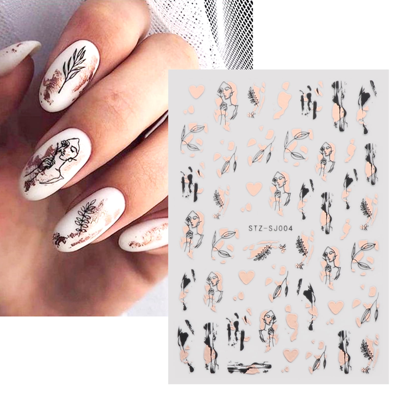 9 Sheets Gold Nail Art Stickers Decals 3D Self Adhesive Pegatinas para Uñas  Black Nine Line Abstract Face Eye Flowers Palm Tree Leaf Design Manicure