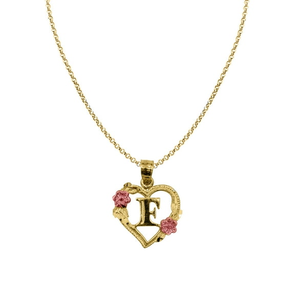 Genuine 14k Two-tone Gold 0.66" Floral Heart Initial F Pendant Necklace 16", 18", 20", 22" Trendy Charm Initial Necklaces for Women
