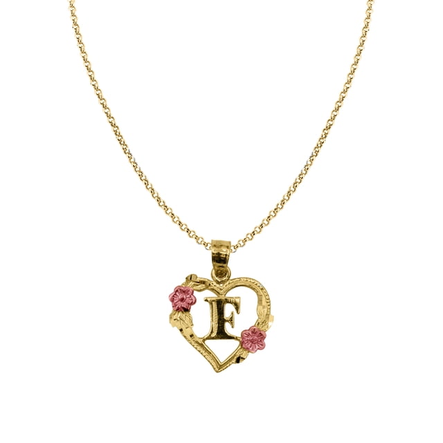 Precious Stars 14K Two-Tone Gold Flower and Heart-shaped Initial 'F' Pendant with 22" Chain Necklace
