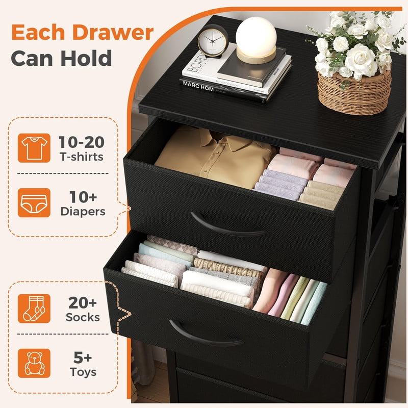 Kelno 6 Drawer Fabric Dresser Steel Frame Storage Chest Organizer with Wood Top, Black