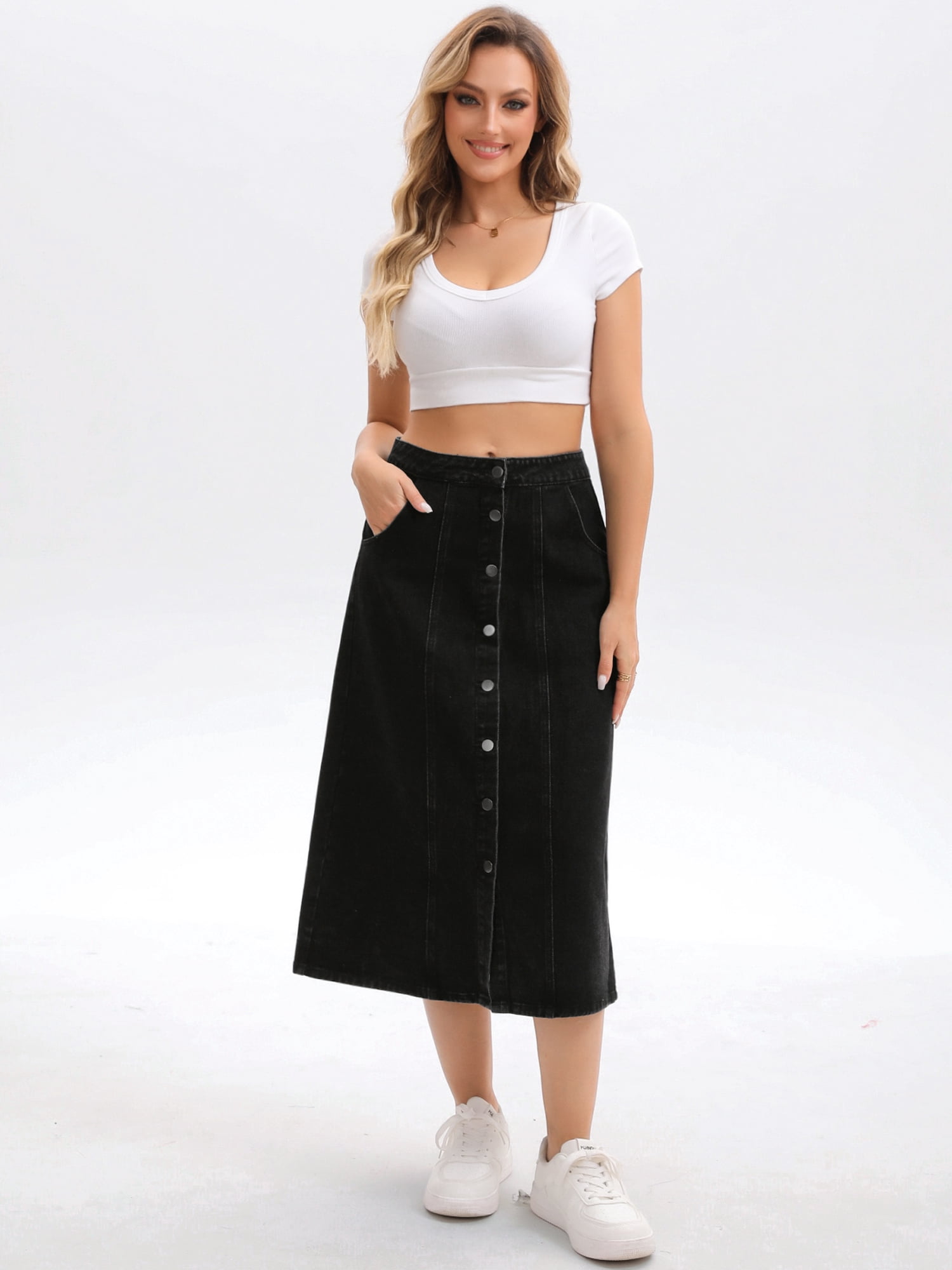 DARING DIVA Women's Button Down Front Slit A Line Midi Jean Skirts XL Black