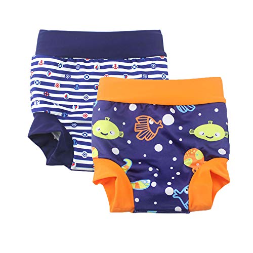 Leideur Baby Swim Nappies for Kids Cover Diaper High-Waisted Swimming Shorts 2-3 Years, Navy Stripe+Green 