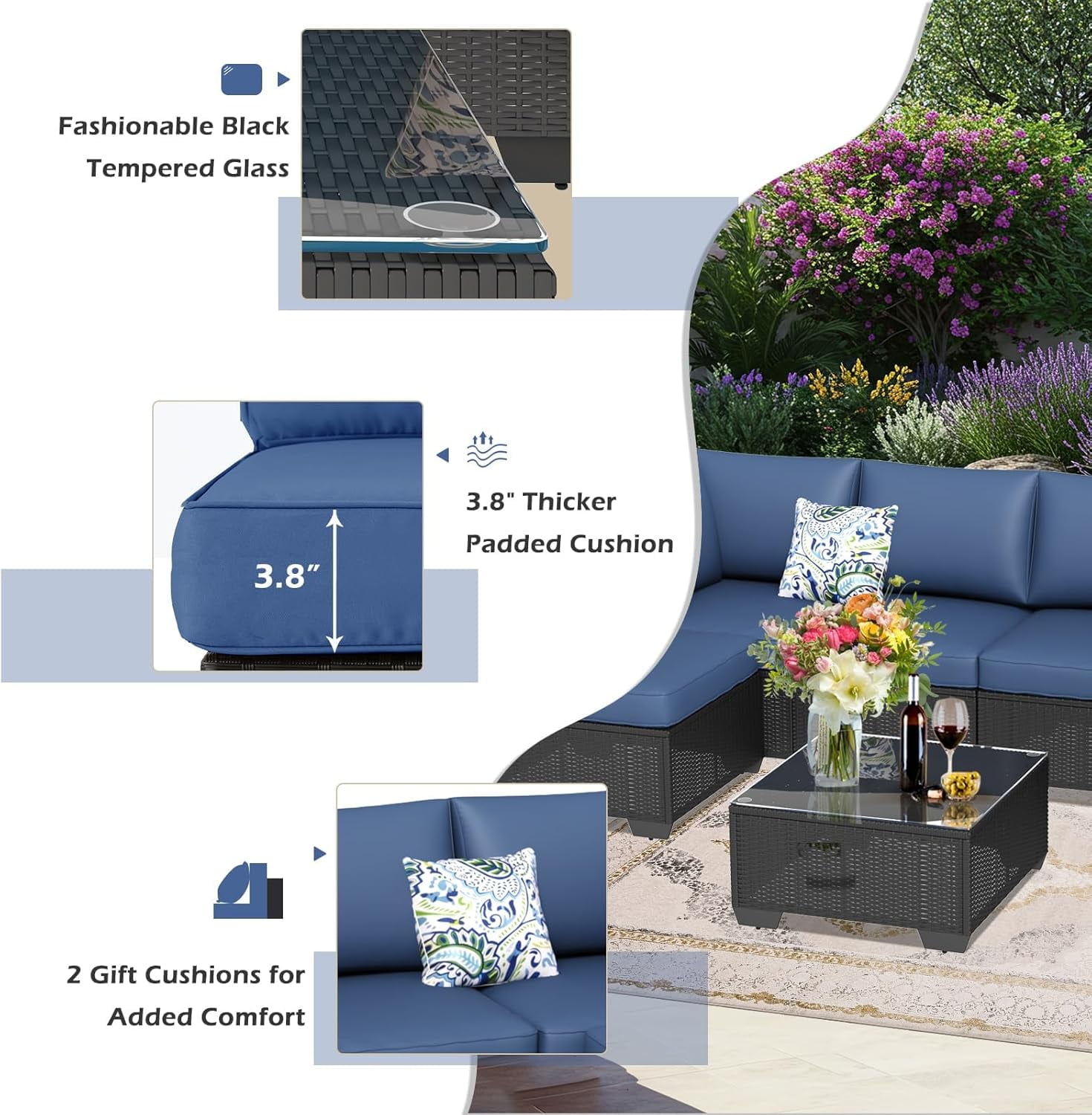 Danrelax 7-Piece Outdoor Sectional Sofa Patio Conversation Set, Black PE Rattan Wicker Furniture, Steel Frame in Dark Blue