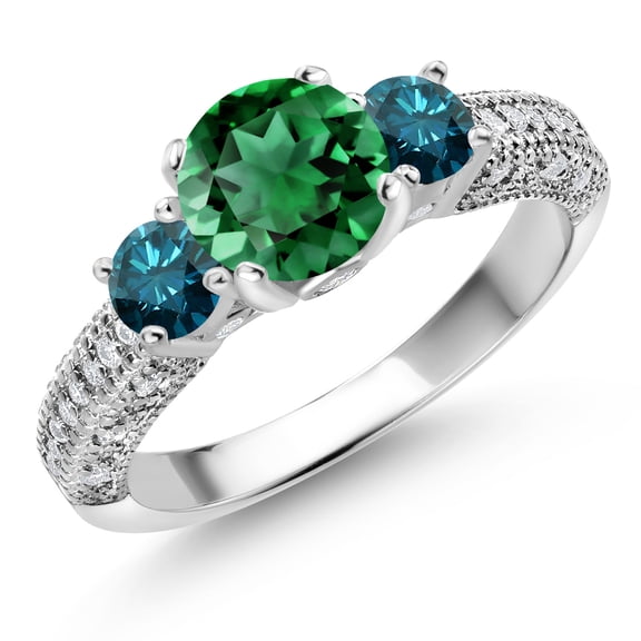 Gem Stone King 925 Sterling Silver Green Nano Emerald Blue Diamond and White Moissanite Engagement Ring for Women (1.84 Cttw, Gemstone May Birthstone, Round 7MM and 4MM, Size 8)