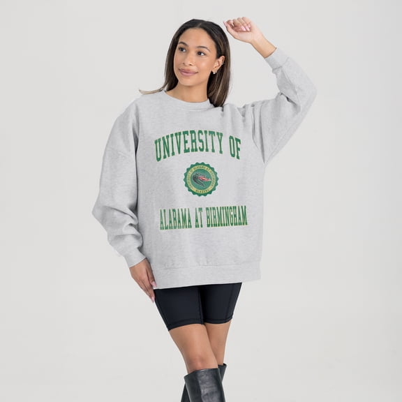 Women's Gameday Couture Steel UAB Blazers Oversized Good Vibes Premium Fleece Drop Shoulder Pullover Sweatshirt