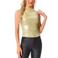 thumbnail image 1 of INSPIRAR CHIC Top sin mangas metálico ajustado para mujeres, brillante, de fiesta, color dorado, 1 of 6