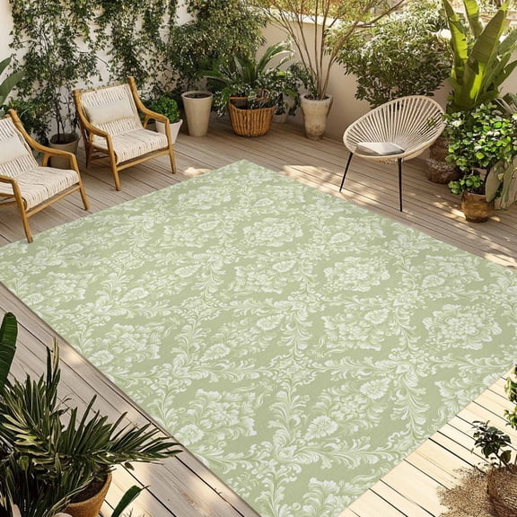 Fsddascl Sage Green Boho Floral Outdoor Rug for Patio/Deck/Porch, Non-Slip Large Area Rug 4 x 6 Ft, Vintage Ethnic Tribe Abstract Art Indoor Outdoor Rugs Washable Area Rugs, Camping Rug Carpet
