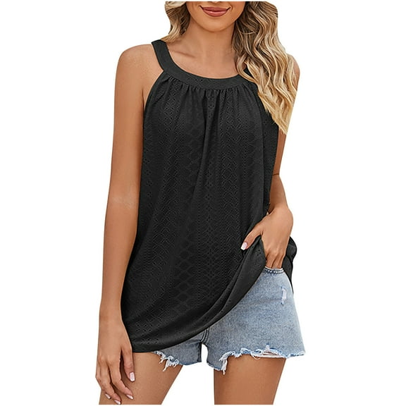 gakvbuo Summer Tank Tops For Women 2024 Eyelet Embroidery Loose Fit High Neck Sleeveless Tops Casual Pleated Flowy Cami Shirts Blouse