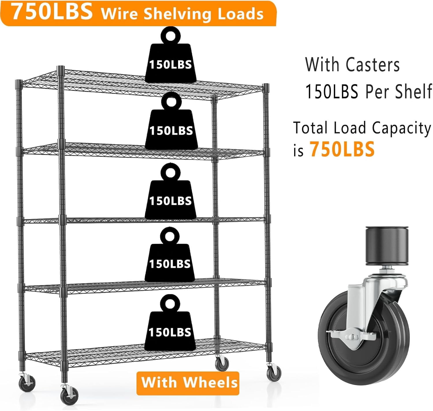 Sailvan 48"W x 18"D x 82"H Heavy Duty Wire Shelving Unit, 3000LBS Capacity 5-Tier Metal Storage Shelves with Wheels, Adjustable Garage Rack,Black