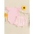 thumbnail image 5 of Musuos Baby Girls 3Pcs Summer Outfit 3 6 9 12 18Months Fly Sleeve Crew Neck Romper + Bow Front Shorts + Headband Set Cute Clothes, 5 of 10