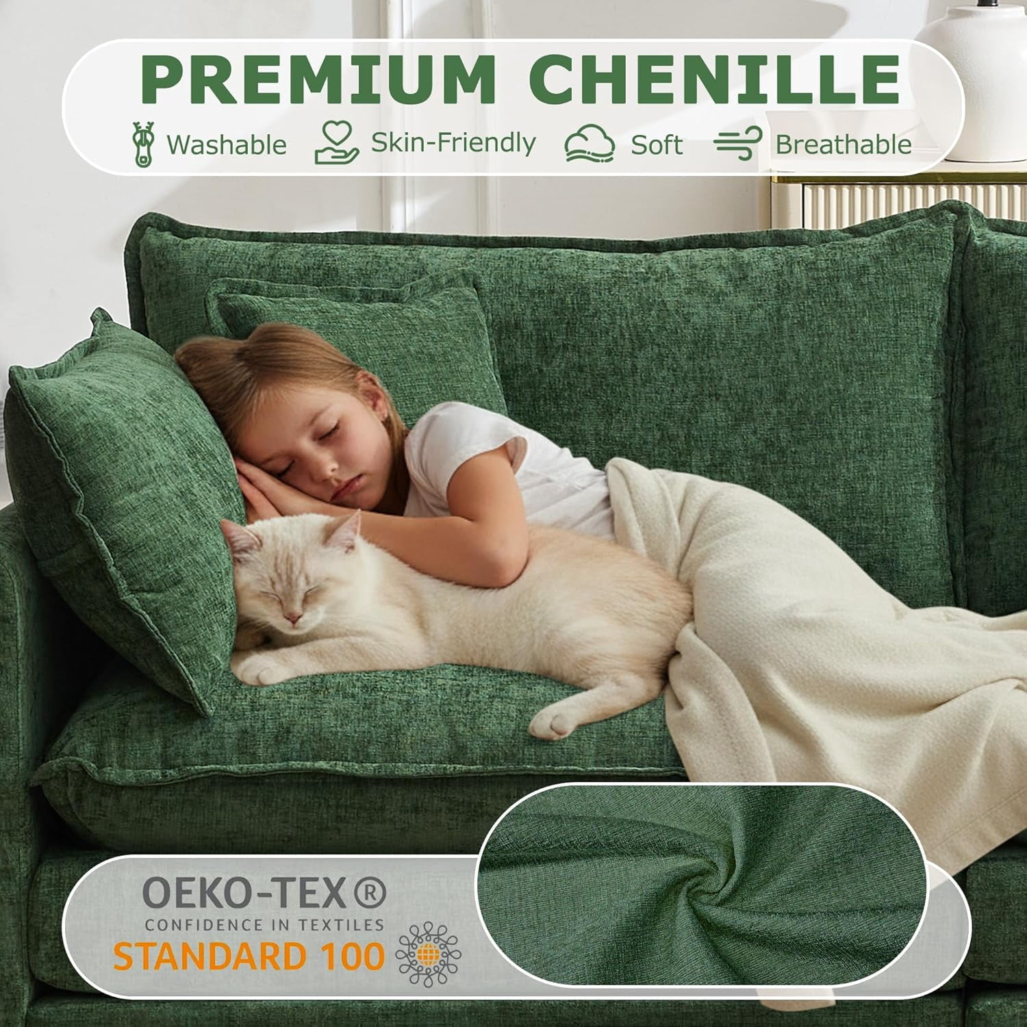 VEPXXP 75.9" Chenille Modular Loveseat, Deep Seat 2-Seater Couch with 4 Throw Pillows, Modern Cloud Sofa for Living Room Apartment Small Space, Green