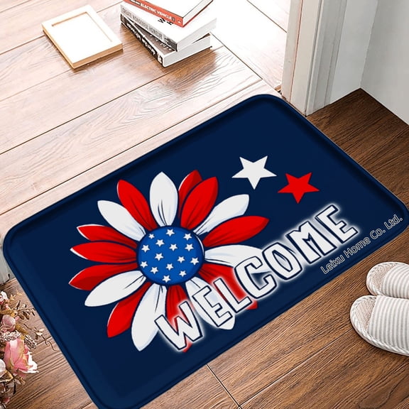 FJPT Welcome Flower American Flag Design Non Slip Flannel Polyester Floor Mat For Bathroom Kitchen Bedroom Decor 31.5x19.7 inch