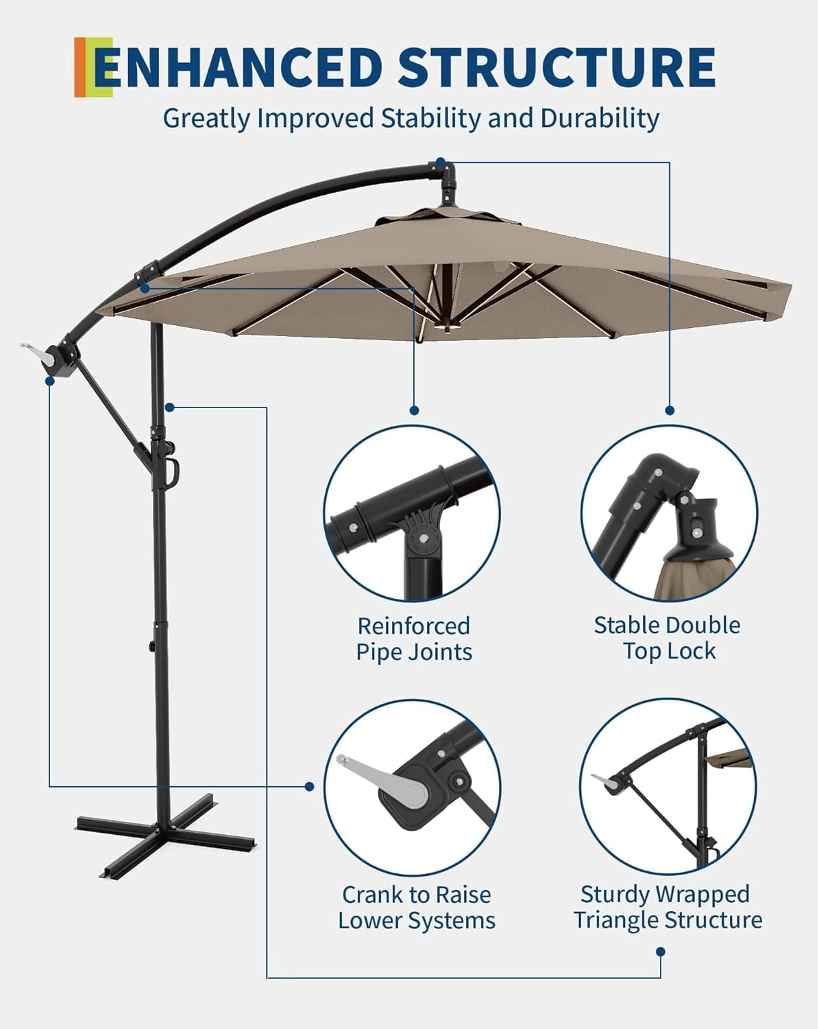 Memoryfield 10FT Outdoor Patio Hanging Offset Cantilever Umbrella, Cantilever Market Umbrella with Cross Base, Tan Color