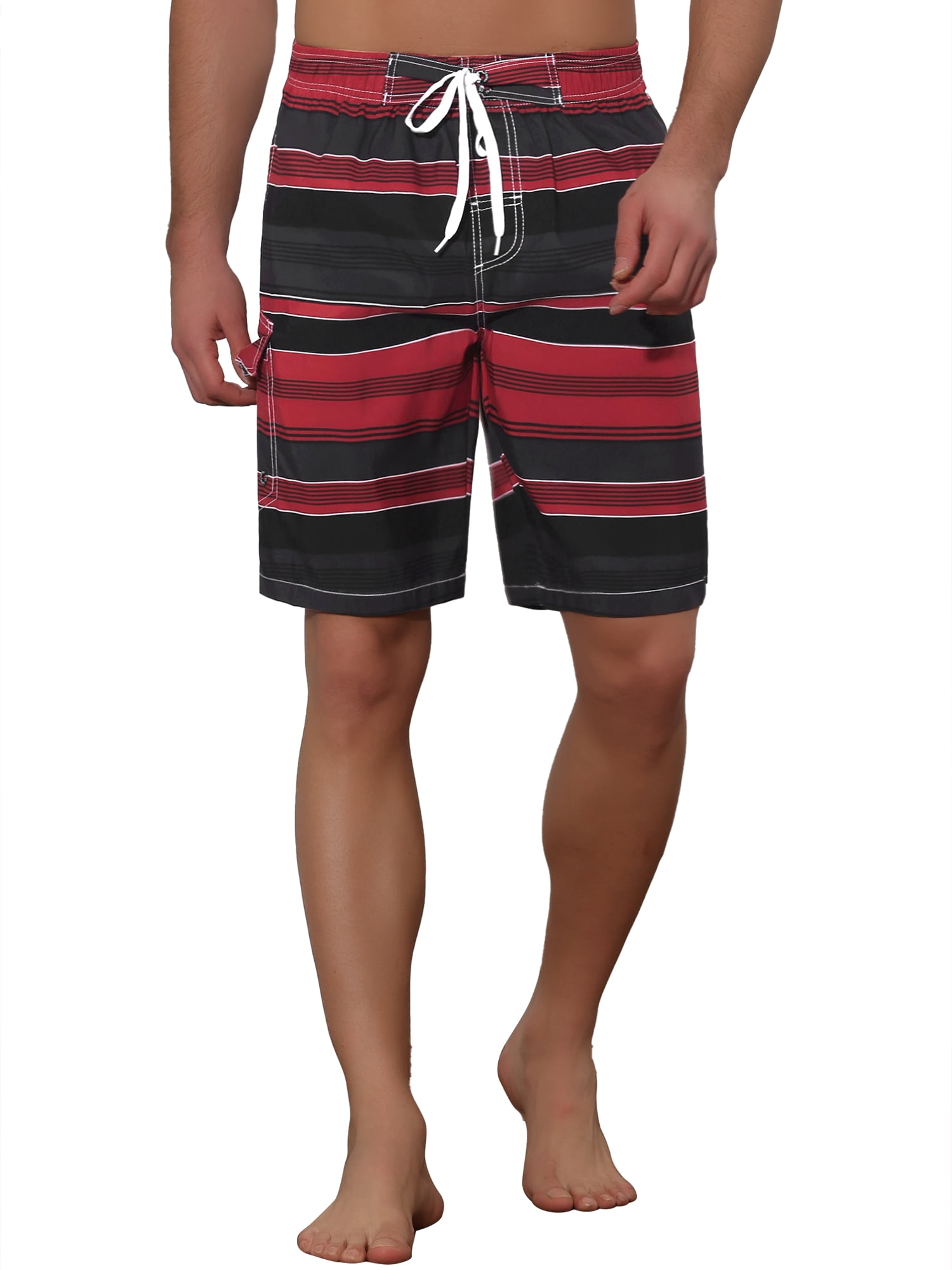 Unique Bargains Men's Drawstring Stripes Printed Color Block Beach Pool Board Shorts 36 Red