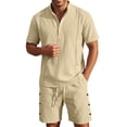 thumbnail image 2 of Short Sets for Men Summer Cotton Linen Relaxed Fit Short Sleeve Stand Collar T Shirt and Shorts 2 Piece Matching Set, 2 of 4