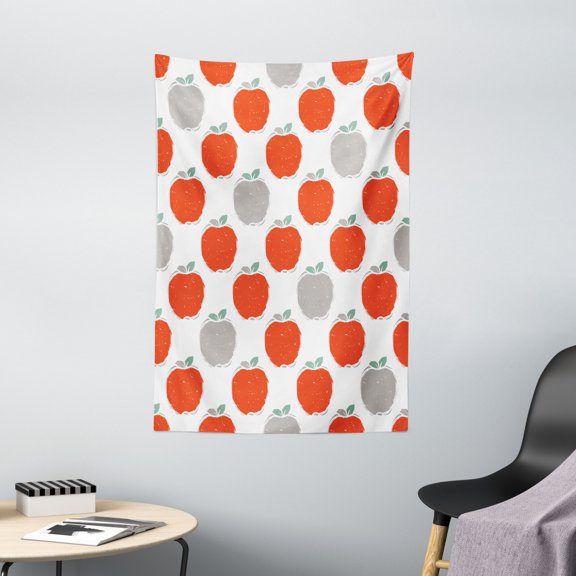 Apple Tapestry, Doodle Style Fruit Silhouettes Healthy Sweet Apple Sketches Agriculture, Wall Hanging for Bedroom Living Room Dorm Decor, 40W X 60L Inches, Scarlet Pale Grey Teal, by Ambesonne