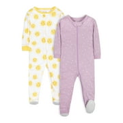Little Star Organic Baby & Toddler Girl 2 Pk Footed Full Zip Snug Fit Pajamas, Size 9 Months - 5T