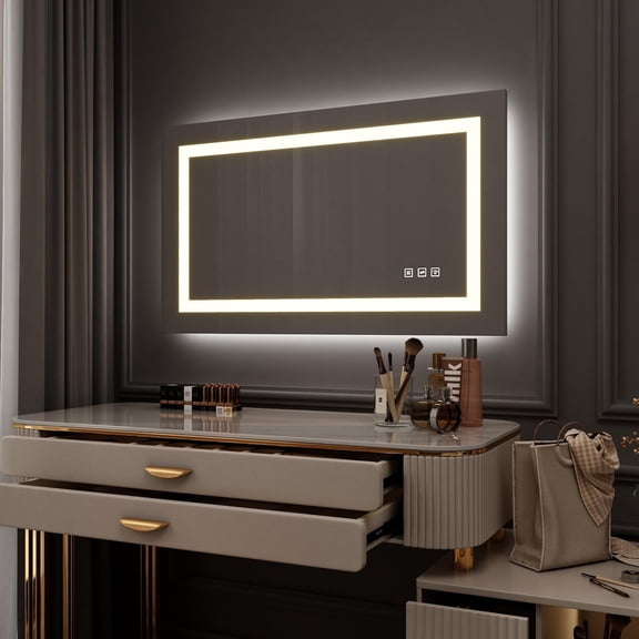Waterpar 60 in. W x 36 in. H LED Lighted Single Frameless Bathroom Mirror with Anti Fog Dimmable Vanity