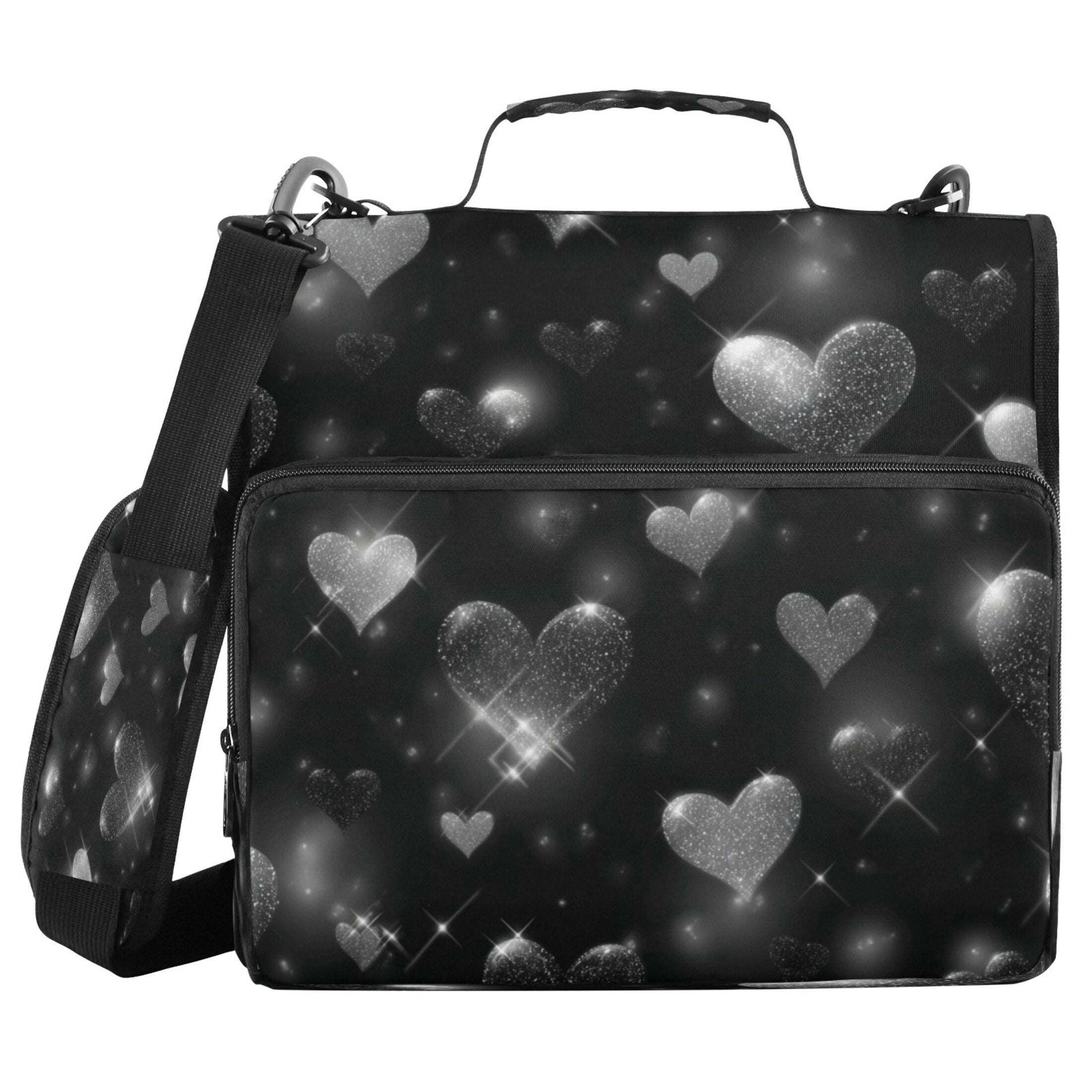 3 Ring Zipper Binder Stationery Organizer for Study Work Home Travel, All-Purpose File Folder Storage Bag for Daily Document Organization Stardust Hearts on Black