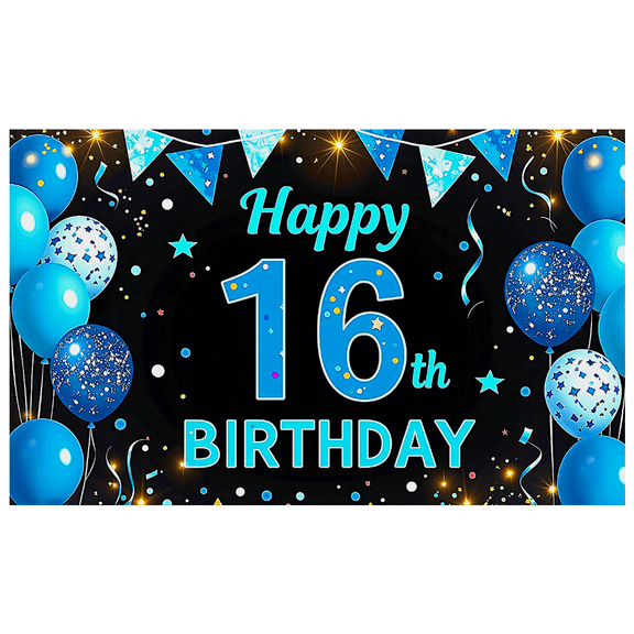 Blue Themed Happy 16th Birthday Banner with Balloons Stars Party Supplies Backdrop Decor for Birthday Party Photography Props Decors Celebrations