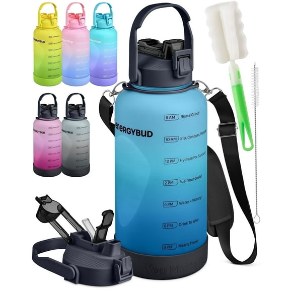EnergyBud ½ Gallon Water Bottle with Straw and Handle, Large Motivational 74.3 oz BPA-Free Leakproof Water Jug with Strap and Time Marker for Fitness, Gym, Outdoor, and Daily Hydration