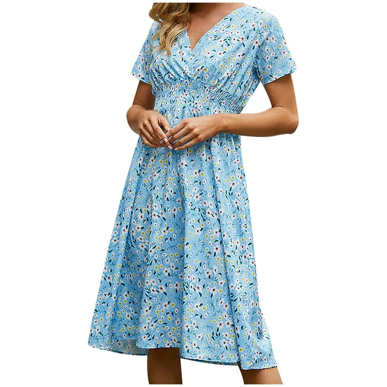 Abcnature Women's Short Sleeve V Neck Wrap Dress Floral Midi Sundress with  Pockets Slim Dress Blue XL - Walmart.com