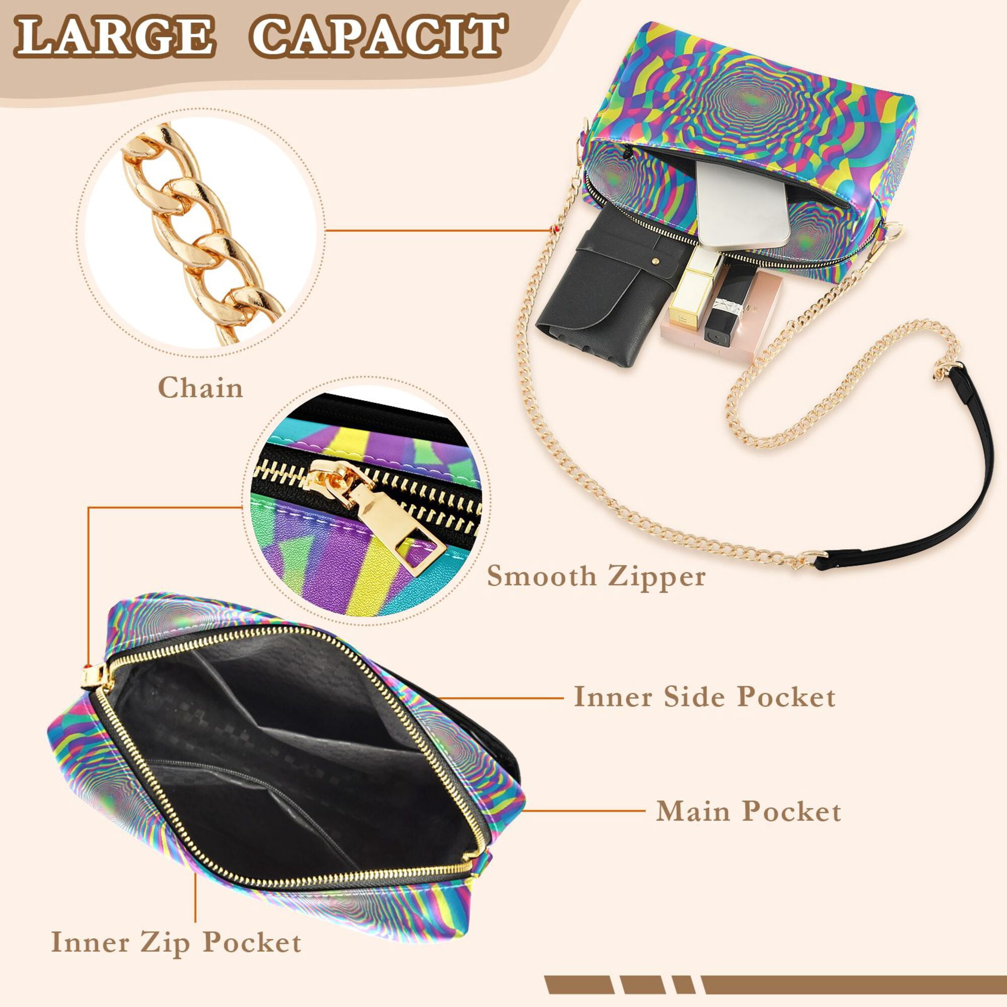 FORMRS Women Crossbody Purse with Chain Strap Vegan Leather Shoulder Handbag, Psychedelic Pattern