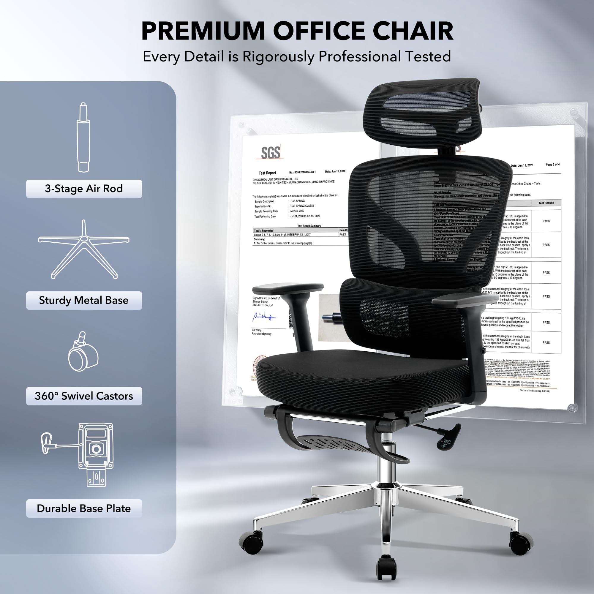 Ergonomic High-Back Mesh Office Chair – Adjustable Footrest, 3D Armrests, Lumbar Support, Headrest & Recline – Swivel Task Chair, Electroplated Frame – Black, With Footrest